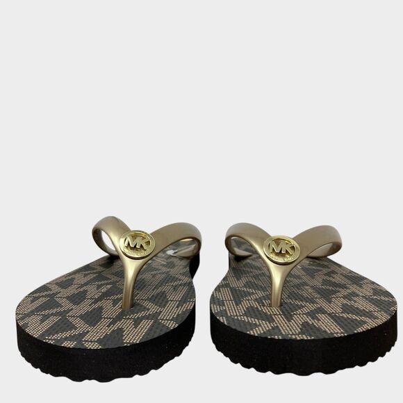Michael Kors Jet Set Womens 11 Brown Flip Flops Gold Sandals Beach PVC Signature - Picture 3 of 12
